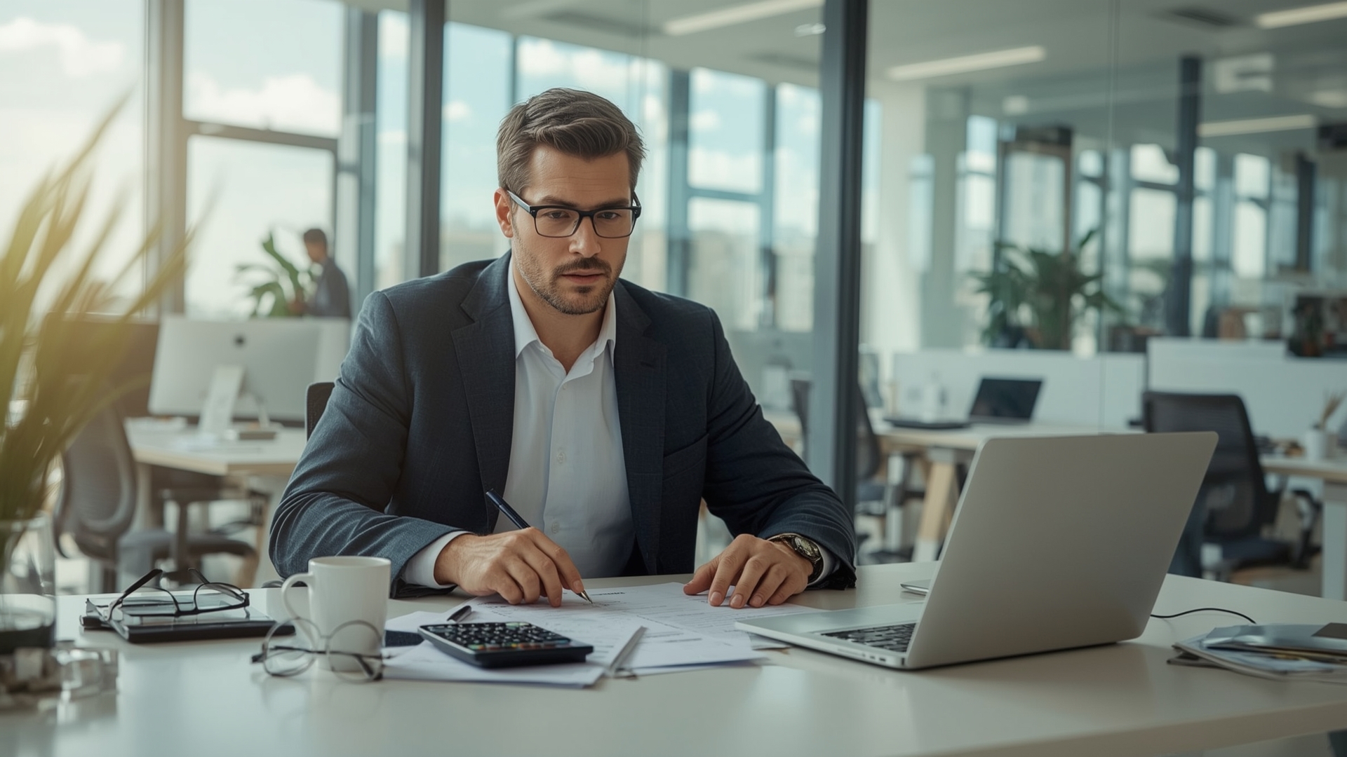 Empresario revisando documentos financieros